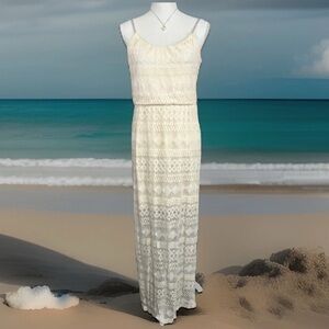 Bailey Blue Semi Sheer Lacey Maxi Dress Size L Sleeveless Boho Beachy‎ Cream
